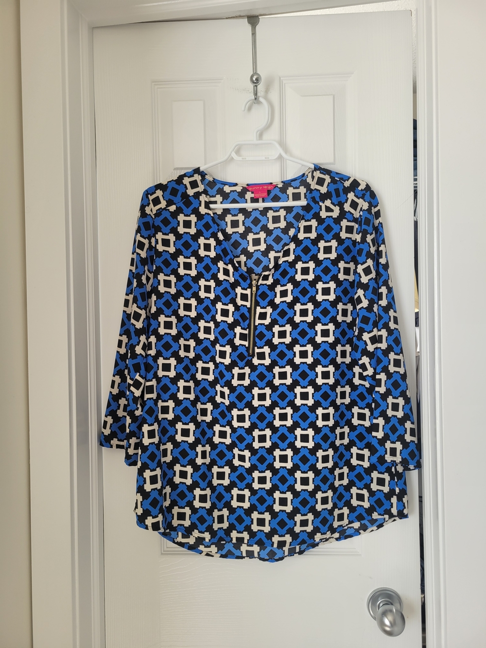 Sunny Leigh Blue, White & Black Geometric Henley Blouse